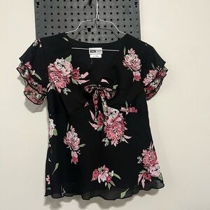 I.N. Studio Black Floral Tie-Front Blouse with Pink Blooms